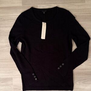 Talbots Black Crew Neck Sweater with Button Details- Cashmere
